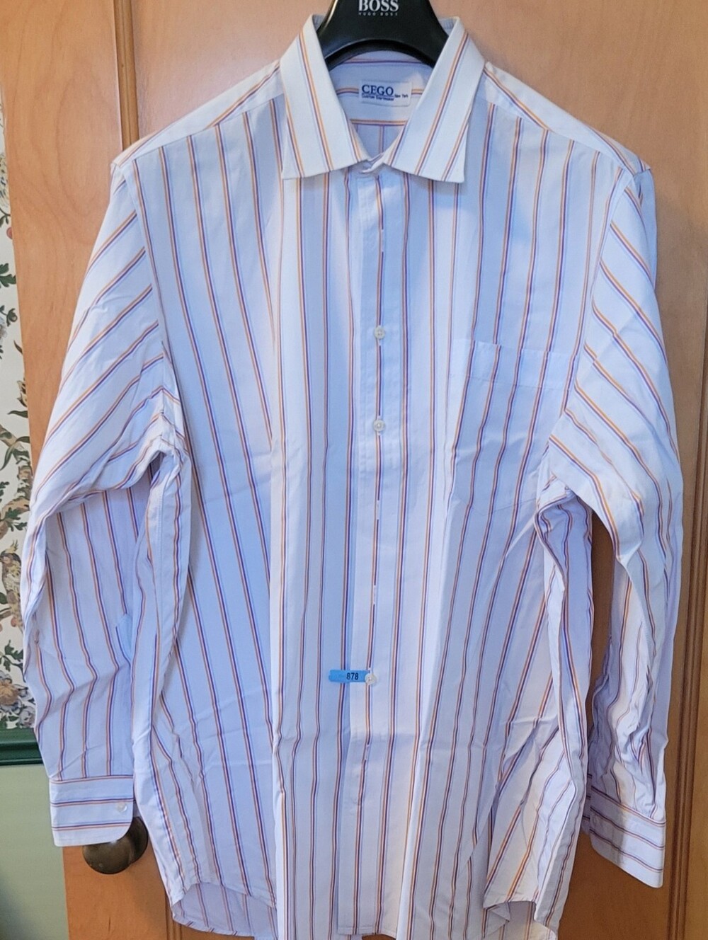 Classic Men's Dress Shirt - White with Orange, Purple and Blue narrow Stripes